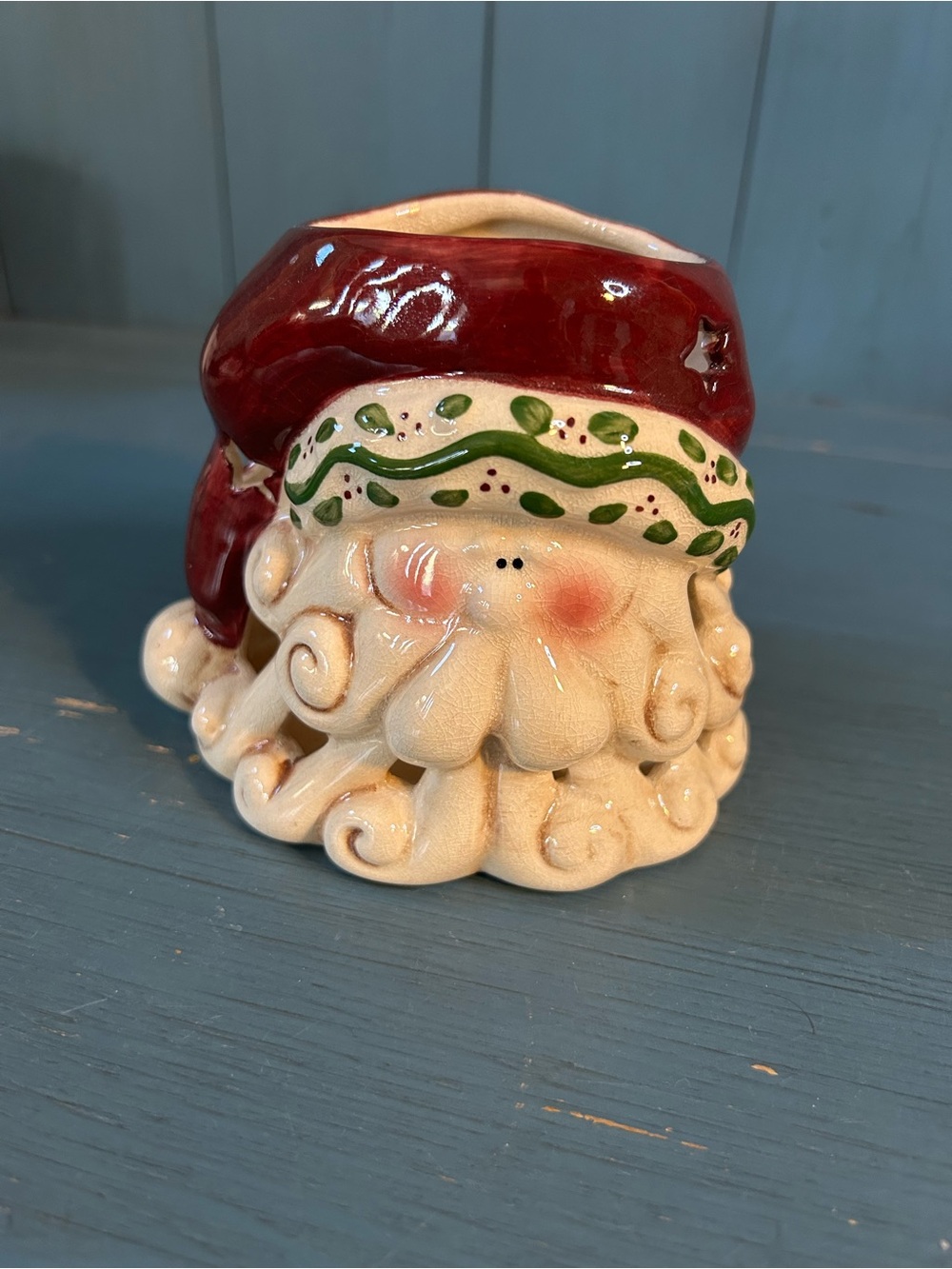 Crazy Mountain Hand-Painted Santa Ceramic Planter/Candle - Red, Cream & Green